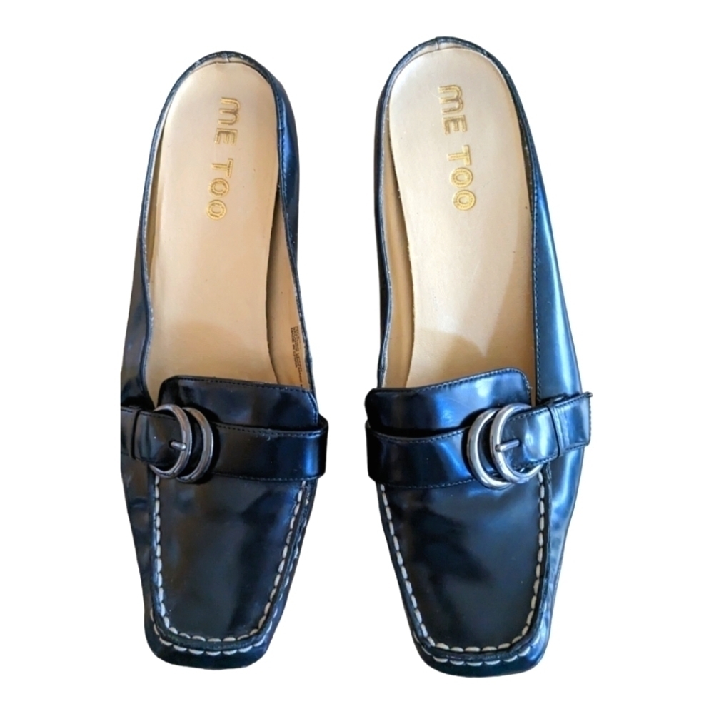 𝅺ME Too Carmen Black Square Toe Buckle Leather Mules Size 9 Trendy